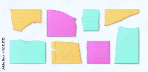Colorful torn paper scraps - realistic notebook pieces with ripped edges, lined sheets, grid patterns. Bright scrapbook materials for memory album, creative journal, craft and playful collage design.