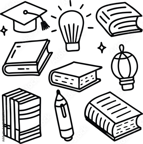 Collection of hand drawn doodle icons representing education and learning concepts