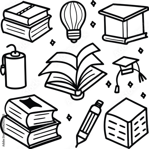 Collection of hand drawn educational icons including books lightbulb graduation cap and pencil