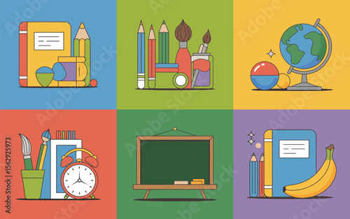 Collection of school supplies and educational items arranged in a grid pattern
