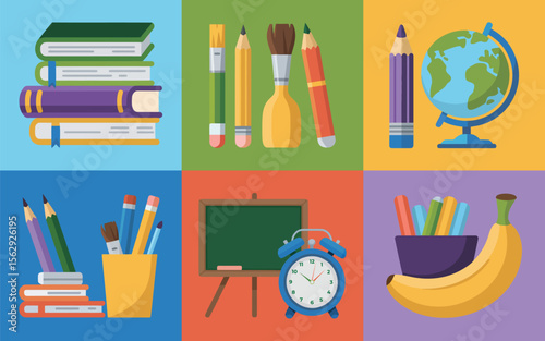 Collection of school supplies including books pencils paintbrushes globe blackboard and alarm clock