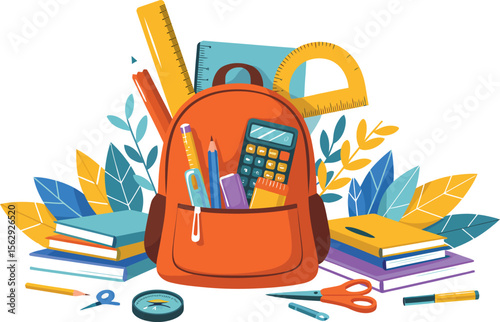 Orange backpack filled with school supplies and surrounded by books and leaves