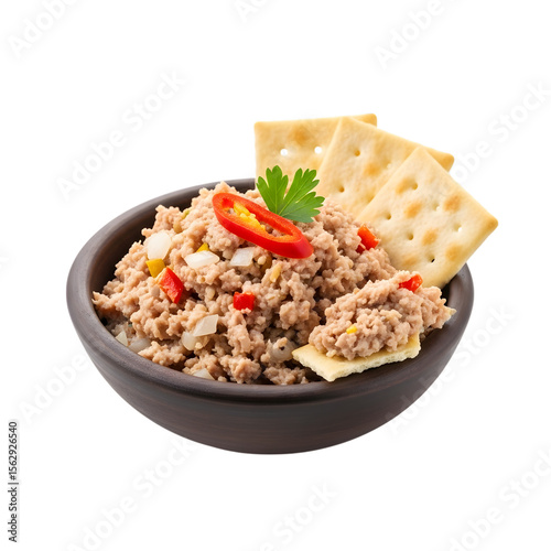 A Bowl of Jamaican Solomon Gundy a Spicy and Savory Pickled Fish Pâté with Crackers on isolated transparent background