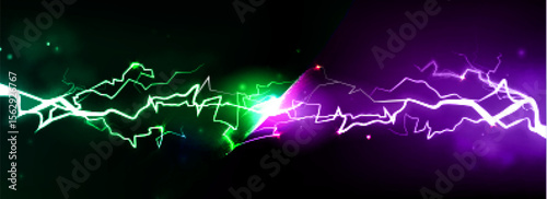 Electric vs thunder battle with purple lightning bolts clashing against green energy streams with glowing sparks. Dramatic light collision, dark bg for gaming competition, confrontation visual effect