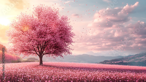 Pink blossom tree in dreamy landscape with petals falling gentle floral scene amidst mountains and cloudy sky evoking serenity and peaceful springtime nature setting