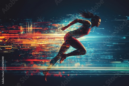 Dynamic pixelated design of a woman sprinter leaving the starting line in a burst of vibrant colors and motion at a futuristic track setting