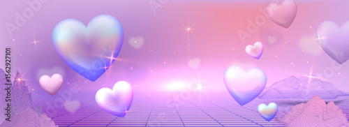 Y2k aesthetic heart landscape with dreamy gradient bg. Floating glossy love symbols over retro grid floor, sparkling stars and wireframe mountains. Pink purple cyber romance scene for valentine design