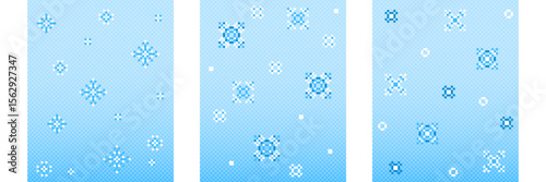 Pixel snow patterns set - white and blue snowflakes scattered on pastel gradient background. Different crystal shapes, dots and geometric forms for winter game textures, retro 8 bit holiday designs.
