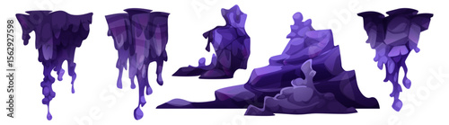 Purple cave stalactites and stalagmites set with dripping stone formations hanging, melting rock clusters and mineral deposits. Fantasy underground elements for game environments, dungeon scenes.
