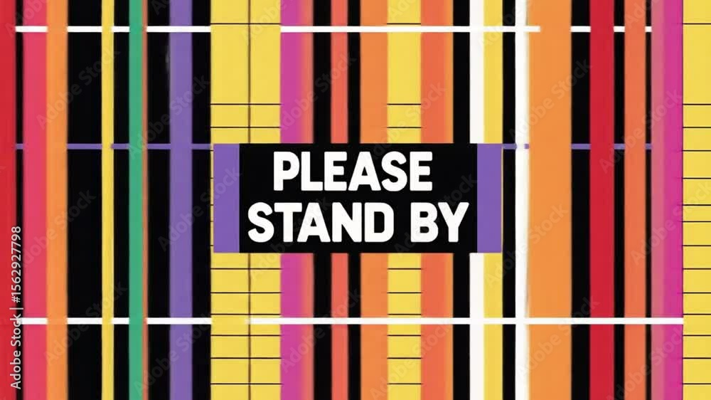 A vintage television test pattern screen is illustrated with bold bright vertical color bars in graphic style