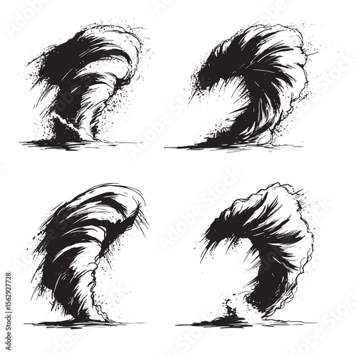 Powerful tornadoes illustration set in black and white showing extreme weather and environmental destruction with artistic ornament