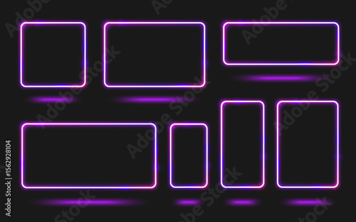 Neon frame set with glowing square and rectangular borders in purple and pink gradient colors on black background. Electric light rectangles for futuristic UI design, cyberpunk interfaces.