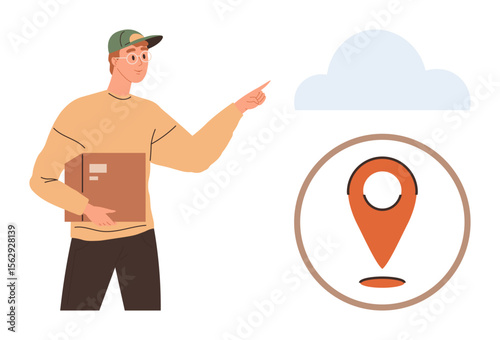 Delivery worker holding package, pointing at cloud concept with location pin icon. Ideal for logistics, tracking, shipping, cloud technology, navigation, courier services and e-commerce. Simple flat