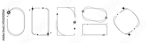 Minimalist y2k border frames set - black line rectangles and ovals with decorative stars, sparkles. Retro digital aesthetic elements for poster or web design. Clean geometric shape in nostalgic style.