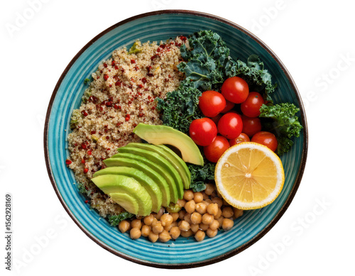 Top-down view of a colorful and vibrant healthy food bowl filled with quinoa, avocado slices, cherry tomatoes, kale, roasted chickpeas, and a lemon wedge, arranged on transparent background