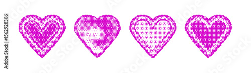 Pink pixel hearts with y2k halftone effects - digital love icons with gradient square dots in retro 8 bit game style. Valentine graphics collection in nostalgic computer art for romantic designs.