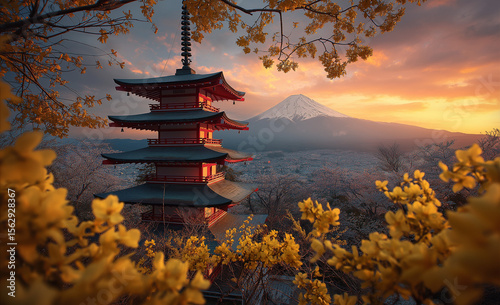 A photo of the Chureito Pagoda at sunset, with Mount Fuji