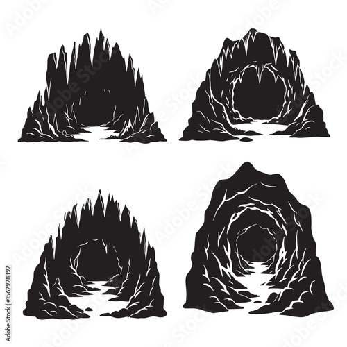 Set of stylized black and white cave entrance designs suitable for illustration and ornament