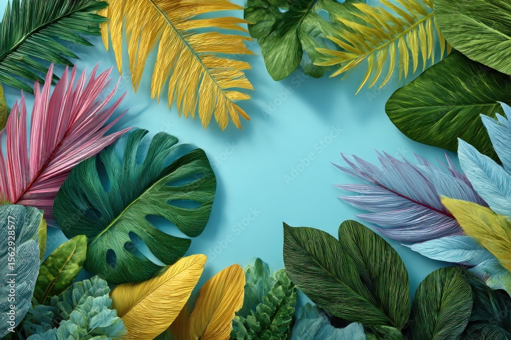 Fototapeta premium Colorful tropical leaves on a light blue background (1)
