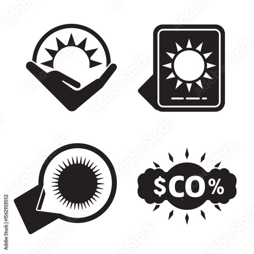 Set of sun and carbon dioxide co percent symbols in black and white with ornament design