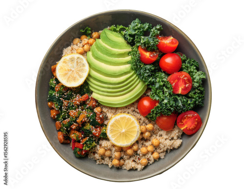 Top-down view of a colorful and vibrant healthy food bowl filled with quinoa, avocado slices, cherry tomatoes, kale, roasted chickpeas, and a lemon wedge, arranged on transparent background