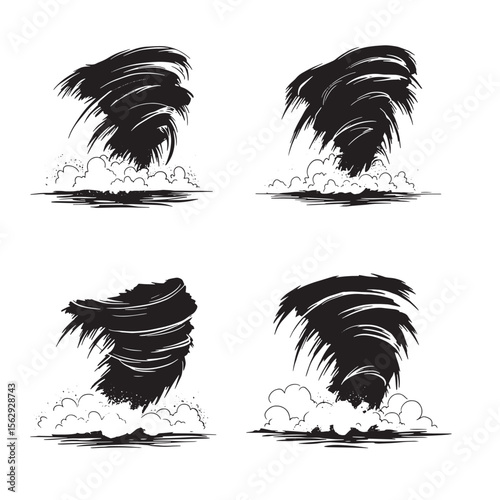 Set of stylized tornado illustrations showing rotating atmospheric weather phenomena