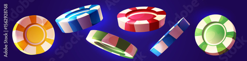 Cartoon casino chips collection on dark background - colorful glossy striped poker tokens in yellow and blue, red and green. Gaming currency in different angles for gambling app or Vegas themed design