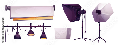 Photo studio cartoon equipment set - backdrop rolls on holder, professional softbox lights on tripod stands, hanging pendant lamps with cables, cube light diffuser. Photography workspace gear.