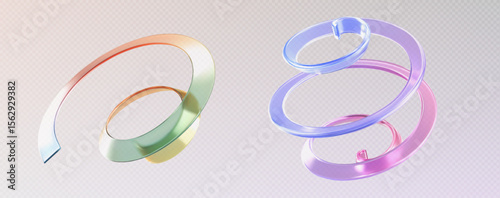 Spiral glass ribbons floating - rainbow strip with gradient colors, twisted transparent coils. Modern abstract translucent shapes for decorative design. Glossy curved forms with iridescent reflections