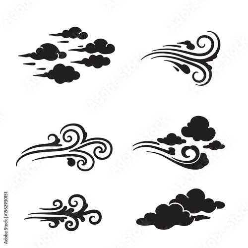 Vector illustration set of black clouds and wind decorative ornament elements on white background