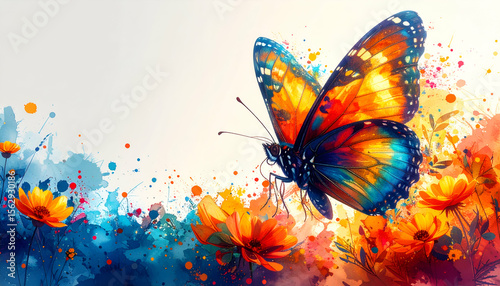 A vibrant butterfly surrounded by colorful flowers and splashes of paint.