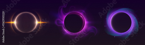 Cosmic neon halo circles with glowing edges - golden ring, purple energy sphere and pink plasma circle on dark space background. Futuristic light effects for sci-fi game interfaces or digital art.