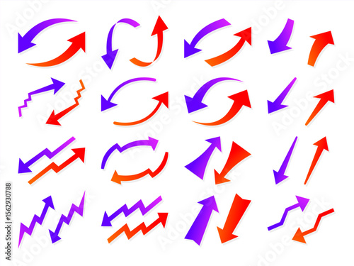 Red and blue arrow vector icon pack on white background