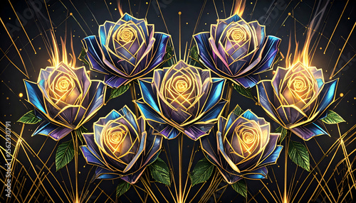 A collection of stylized blue and gold roses with radiant accents.