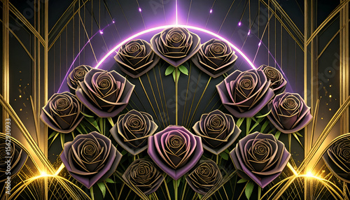 A digital artwork featuring stylized roses with glowing accents and geometric patterns.