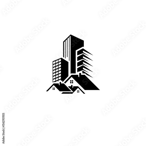 Real estate logo with twin high-rises and geometric underline