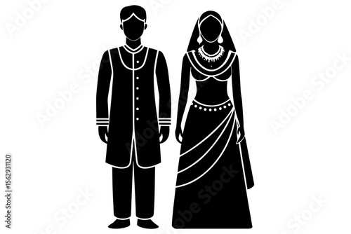 Silhouette Vector Art Illustration of a Traditional Couple, Possibly Dressed in Indian Wedding Attire — The Man in a Sherwani or Kurta, and The Woman in a Saree or Lehenga.  A Fitting Title Could be: