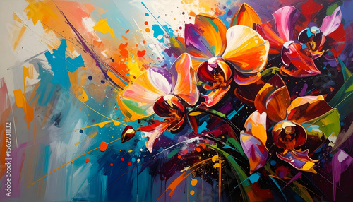 A vibrant abstract painting of colorful orchids with dynamic splashes and brush strokes.
