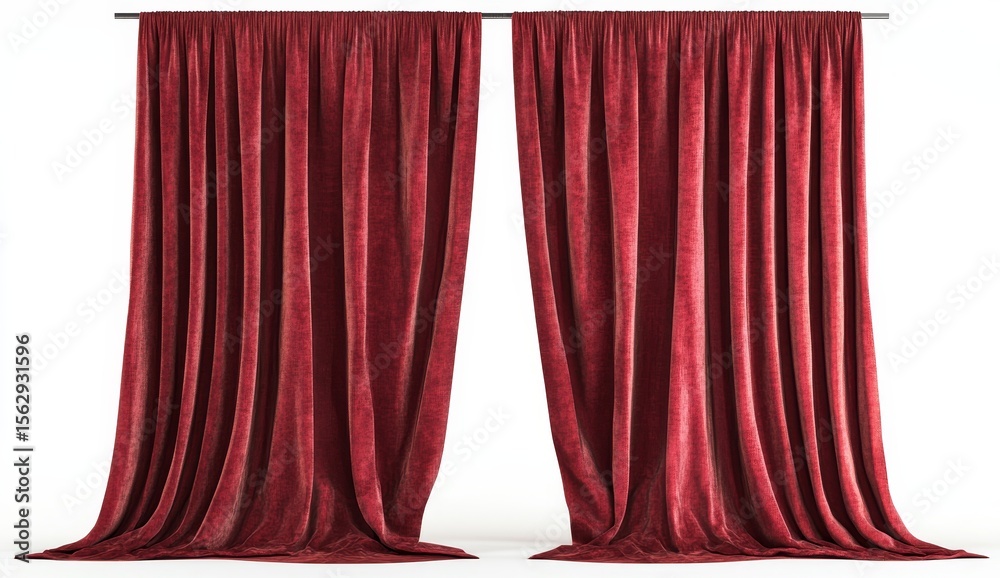 custom made wallpaper toronto digitalPair of rich red velvet curtains hanging from a rod against a white background.