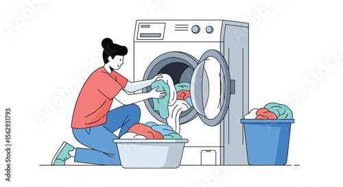 Woman doing laundry and putting clothes in washing machine