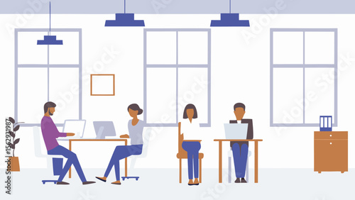 People working on laptops in a bright office with large windows and hanging lights over desks space is modern