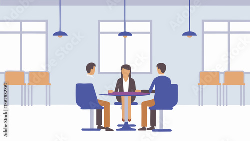 Three people are sitting at a round table in a room with windows and hanging lights in view here