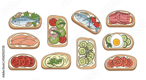 Delicious toast toppings and snacks on a rustic background