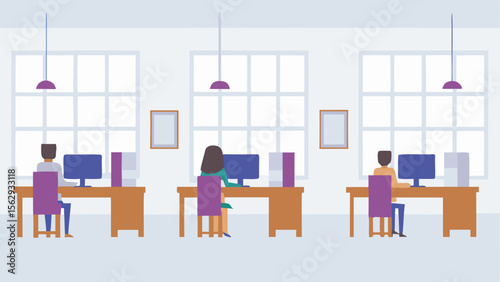 Three people working at computers in an office setting with windows and hanging lights present in the room