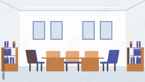 Illustration of a conference room with a table chairs shelves and framed pictures on the wall