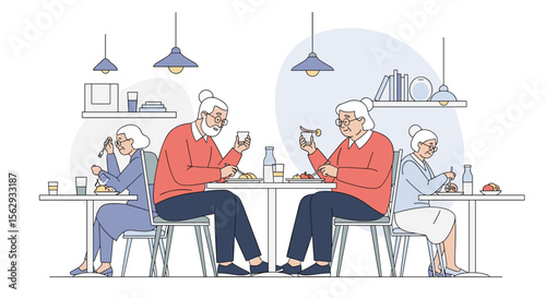 Elderly people enjoying meals together at dining hall comfortably