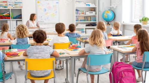Kindergarten students sitting at desks in a bright classroom setting,