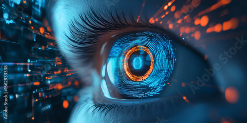Futuristic Eye Scan with Digital Data and Technology Overlay, Biometric Eye Scan and Technology Concept for Digital Security, High-Tech Eye Scan with Virtual Data Visualization

