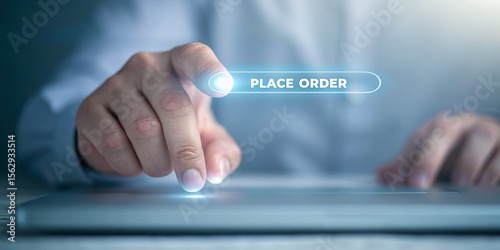 E-commerce web button order concept. A hand hovering over a digital tablet button labeled 