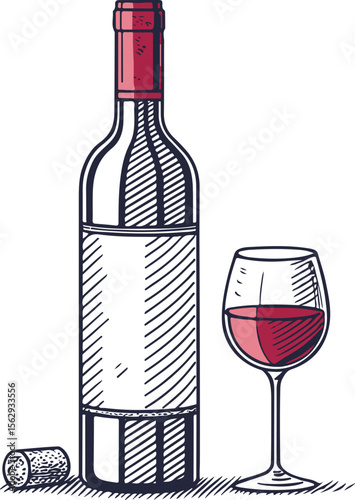 Hand-Drawn Wine Bottle and Glass Illustration with Cork